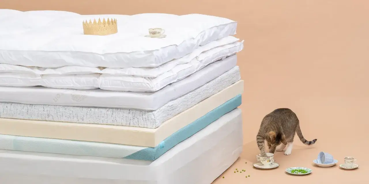 A stack of mattresses and toppers, topped with a crown. A cat investigates a teacup and peas, pondering: should I put a mattress topper on a new mattress?
