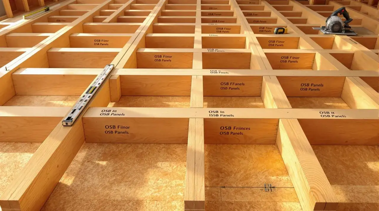 Structure de plancher en bois avec solives et panneaux OSB. Un niveau &agrave; bulle est pos&eacute; sur une solive, pr&ecirc;t pour le calcul entraxe solive plancher OSB.