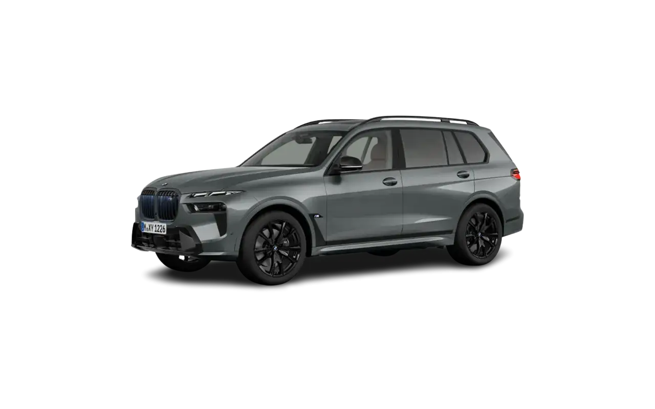 Szary BMW X7 M60i z czarnymi felgami i podświetlaną atrapą chłodnicy, prezentujący się majestatycznie na czarnym tle.