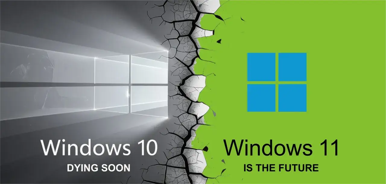 Podzielony obraz: po lewej logo Windows 10 na szarym tle, z napisem 
