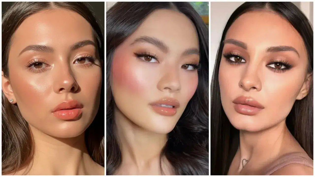 Tres modelos lucen diferentes ideas de maquillaje: piel luminosa, rubor marcado y ojos ahumados.