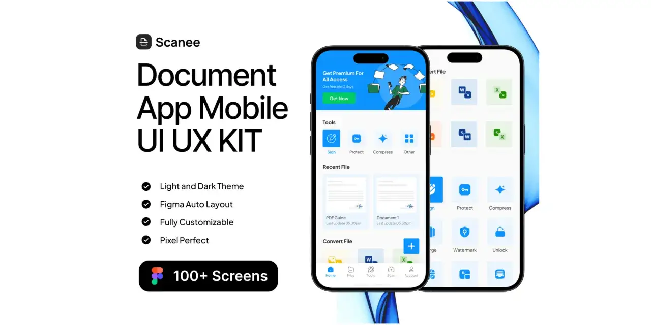 Mobilna aplikacja Scanee, darmowy skaner dokumentów, z funkcjami edycji i konwersji plików. UI/UX KIT z ponad 100 ekranami.