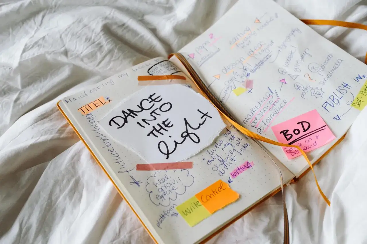 Un carnet ouvert sur un lit blanc, rempli d'idées pour un livre. Le mot