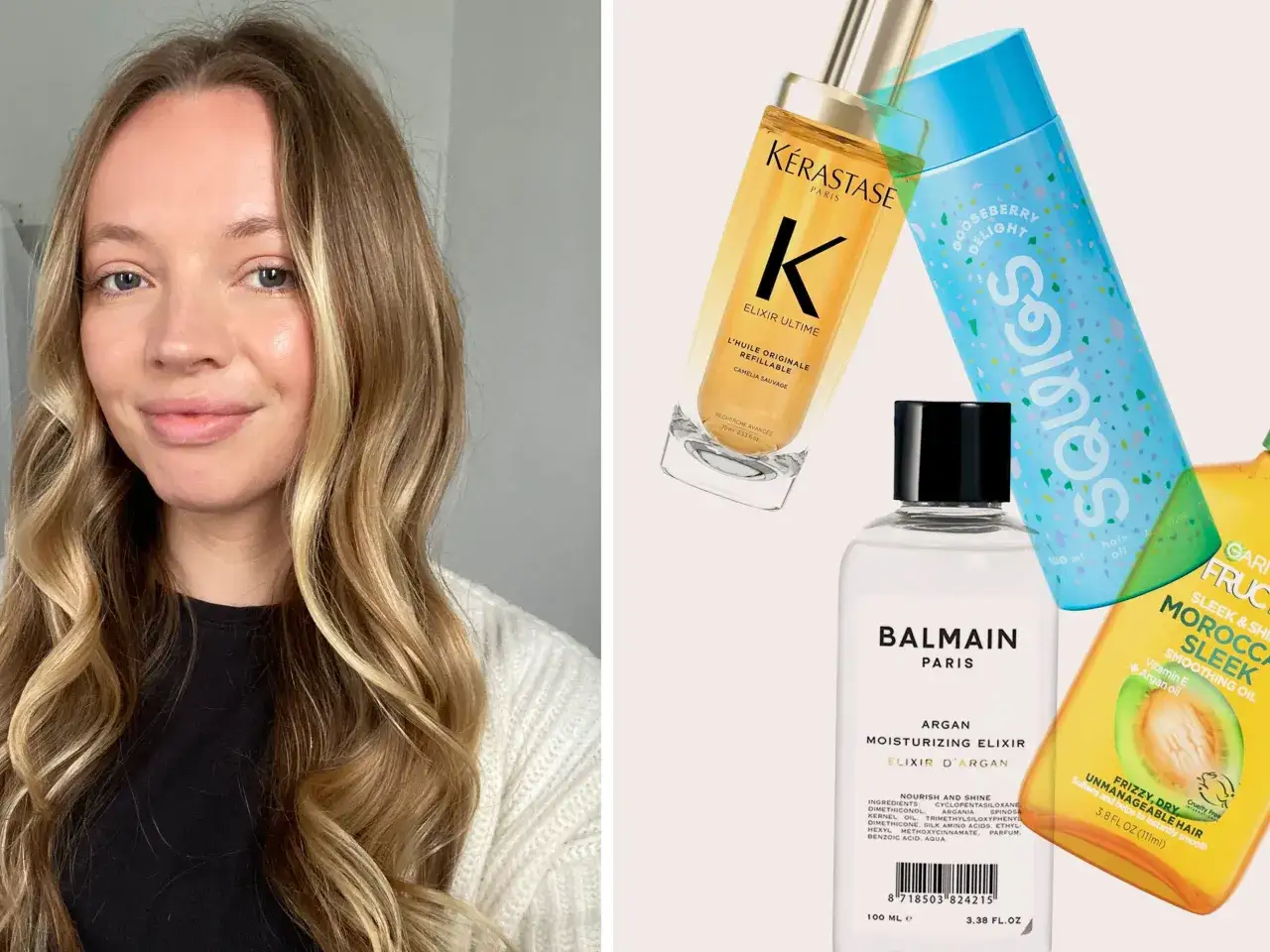 Kvinna med glansigt hår bredvid håroljor. Kérastase Elixir Ultime och Balmain Moisturizing Elixir är bra för torrt hår.