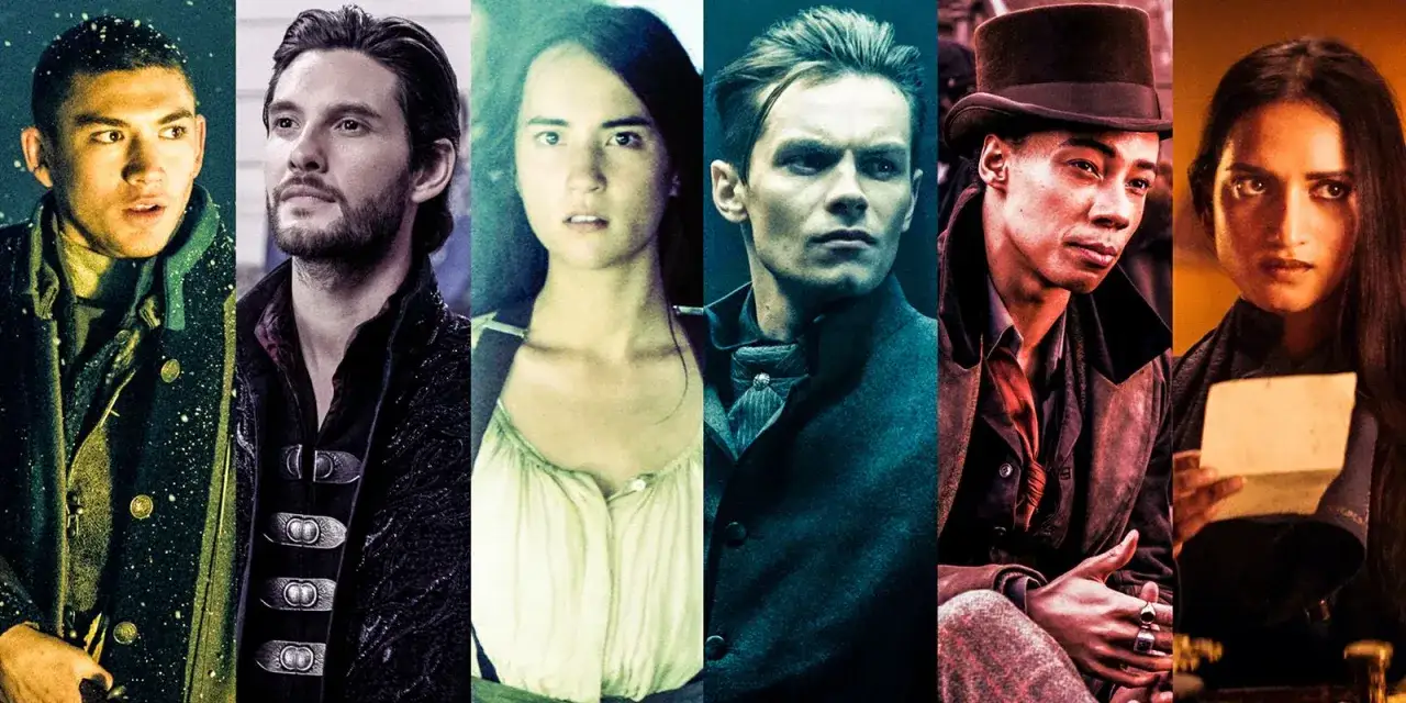 Cień i kość obsada: Kaz, Inej, Jesper, Nina, Matthias i Alina w stylizowanych portretach.
