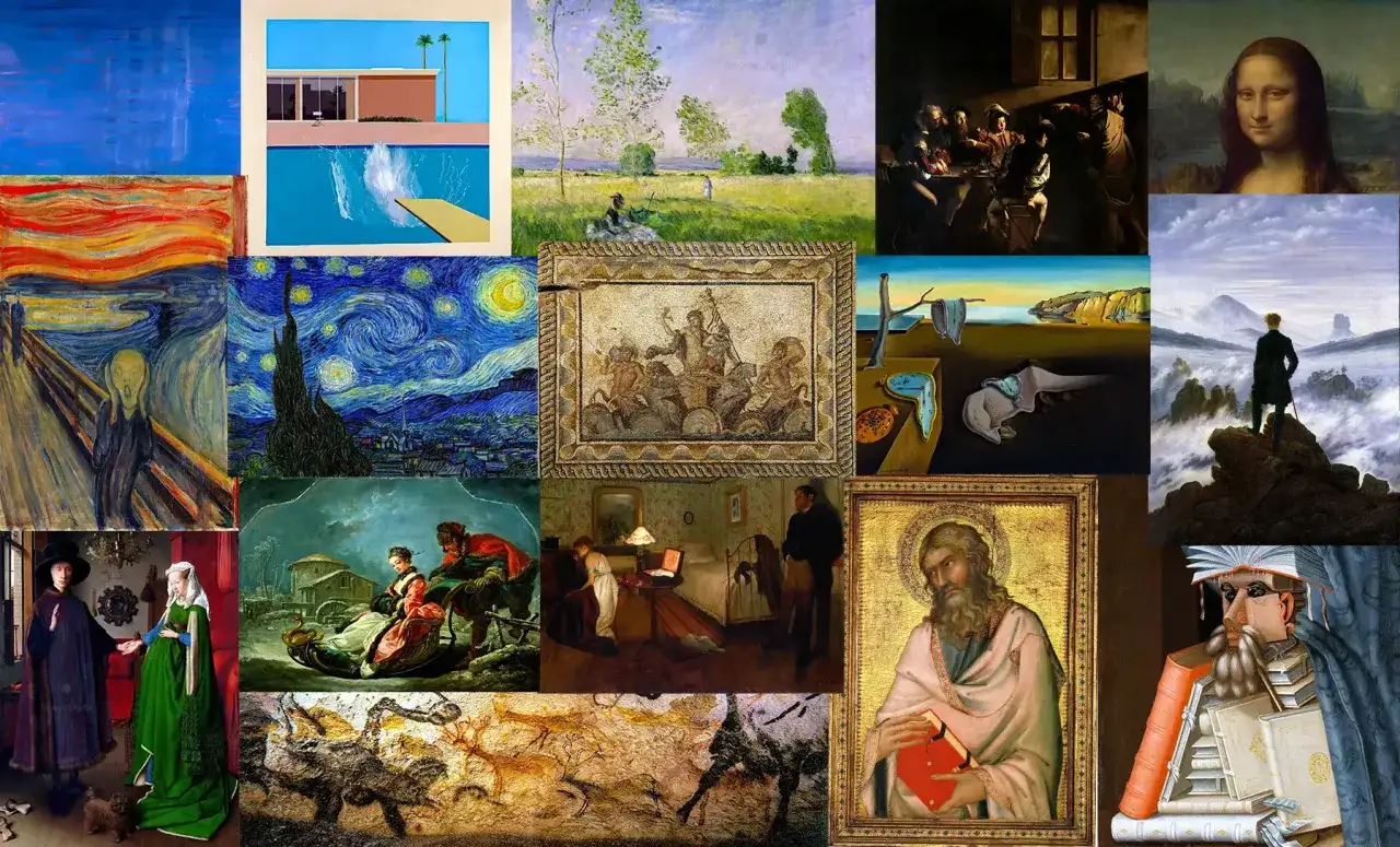 Kolaż dzieł sztuki ukazujący różne nurty: od prehistorii po surrealizm, z Mona Lisą i 