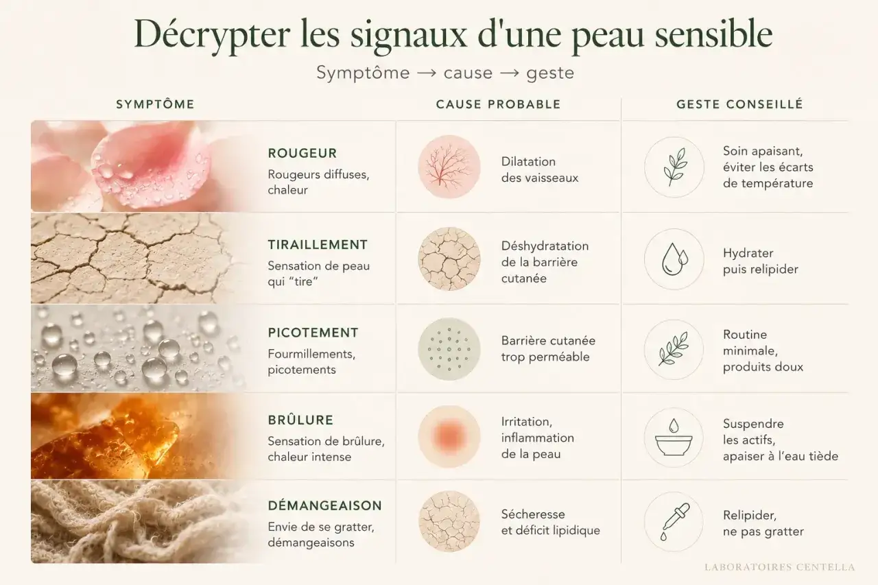 Tableau d&eacute;cryptant les signes d'une peau sensible : rougeur, tiraillement, picotement, br&ucirc;lure, d&eacute;mangeaison. Chaque sympt&ocirc;me est associ&eacute; &agrave; sa cause probable et un geste conseill&eacute;, le tout test&eacute; dermatologiquement.