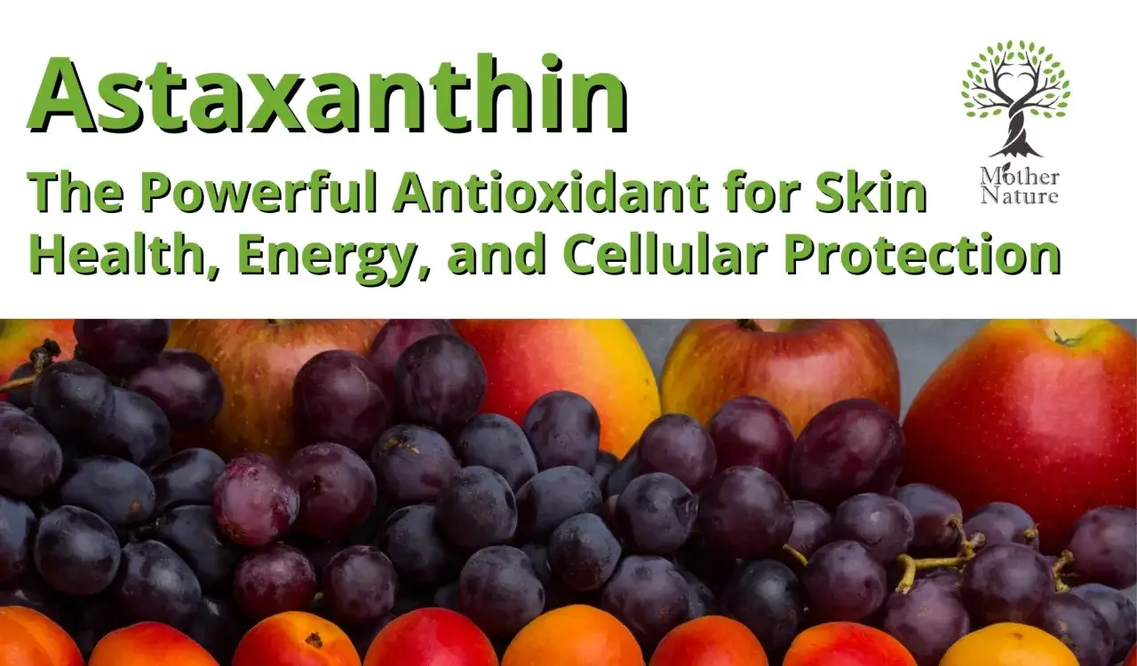 Astaxantina, un poderoso antioxidante que combate el estrés oxidativo, protege la piel y da energía. Frutas frescas como uvas y manzanas.