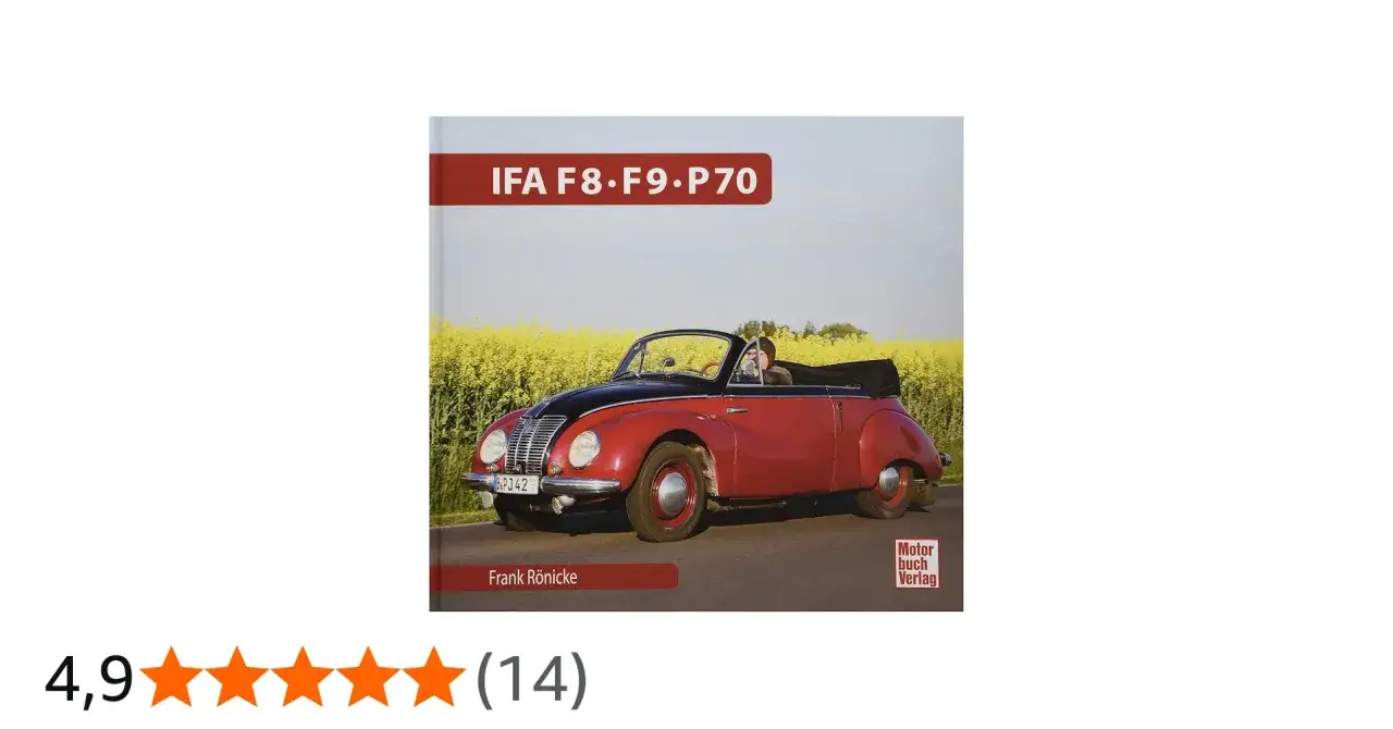 En röd och svart cabriolet IFA-bil kör genom ett fält med gula blommor.