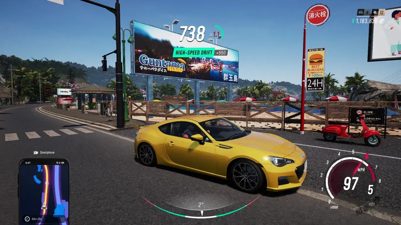 Gelber Sportwagen in Forza Horizon 6, bereit für High-Speed-Drifts auf Guntama Island.