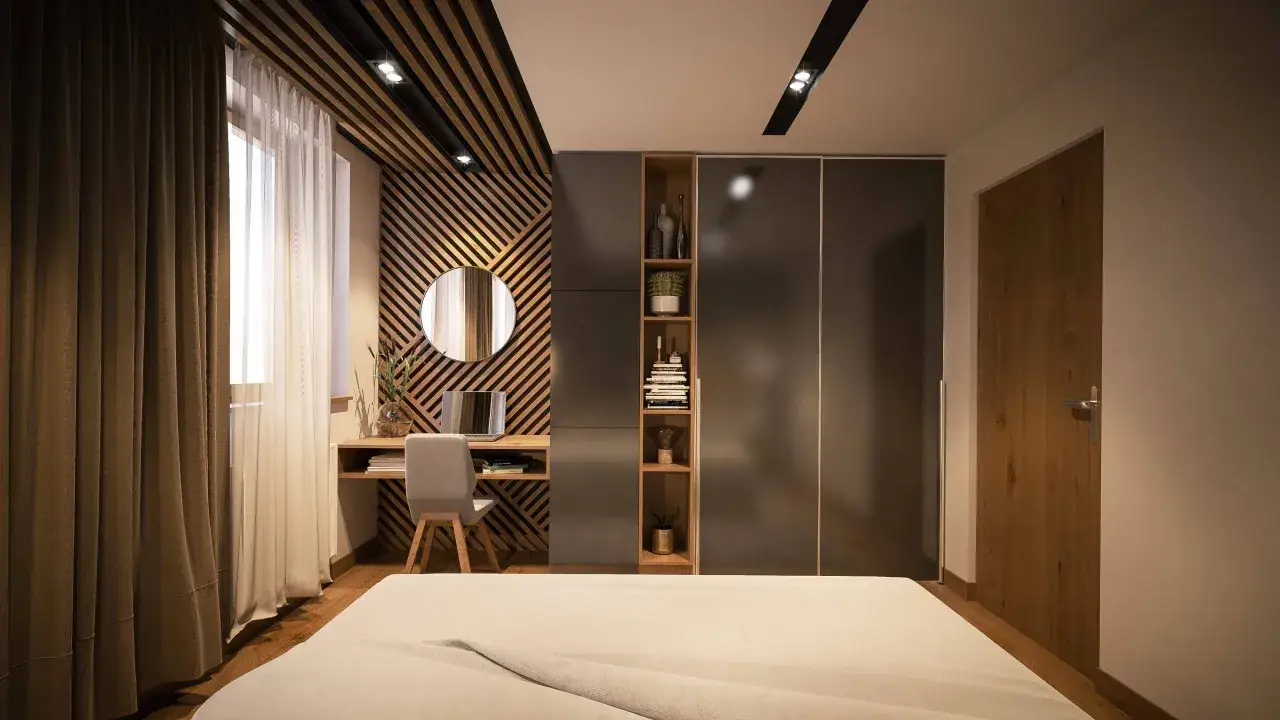 Moderne Schlafzimmer Ideen: Ein Schreibtisch mit Spiegel, Holzlamellenwand und Kleiderschrank schaffen Gem&uuml;tlichkeit.