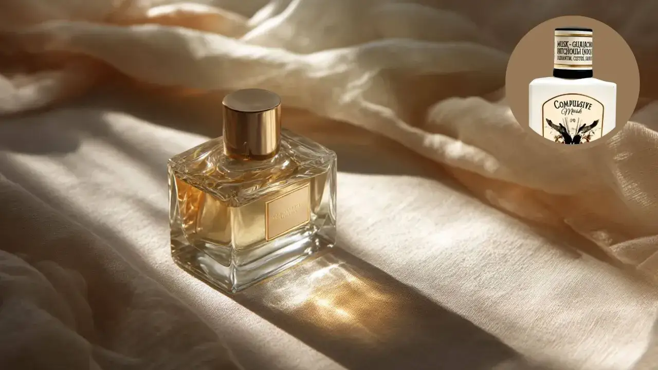 Elegante frasco de perfume con líquido dorado, sobre tela suave. Un círculo muestra otro frasco con la etiqueta 