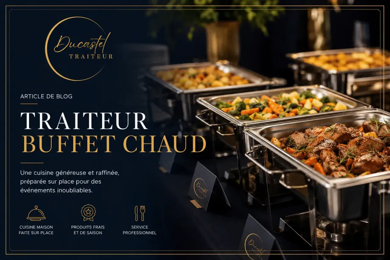 Buffet traiteur chaud avec viande et légumes. Un planificateur d'événements peut utiliser ce modèle pour organiser un repas.