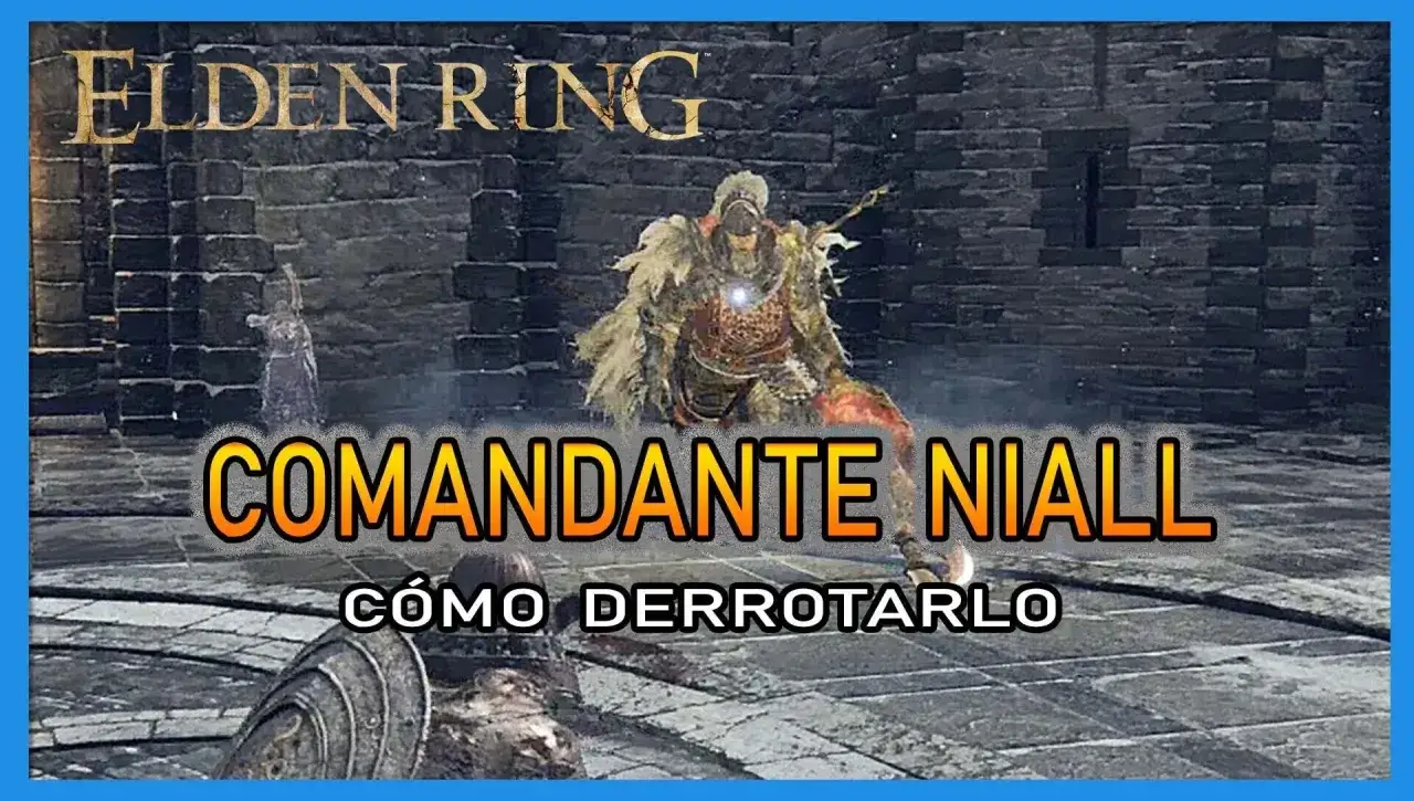 Comandante Niall de Elden Ring, un formidable guerrero con armadura y capa de piel, se prepara para el combate.