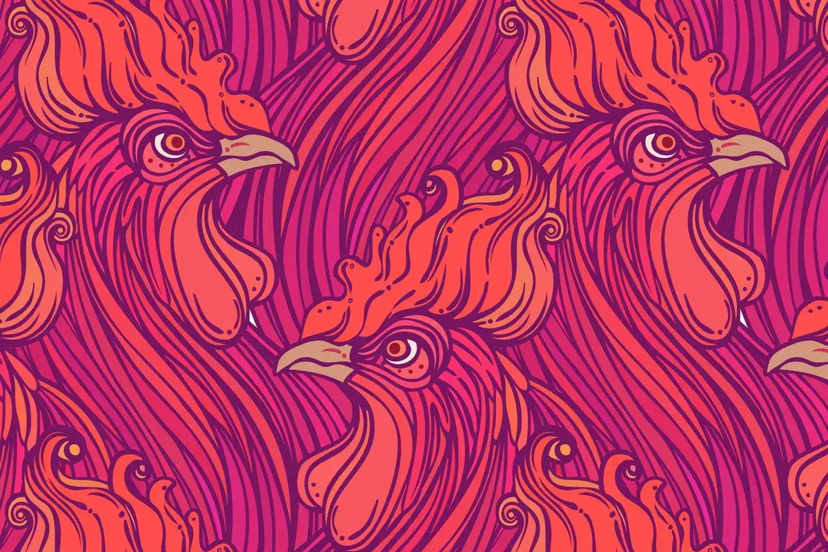 Wzorzyste głowy kogutów w odcieniach czerwieni i różu, symbolizujące chiński znak zodiaku 2017.