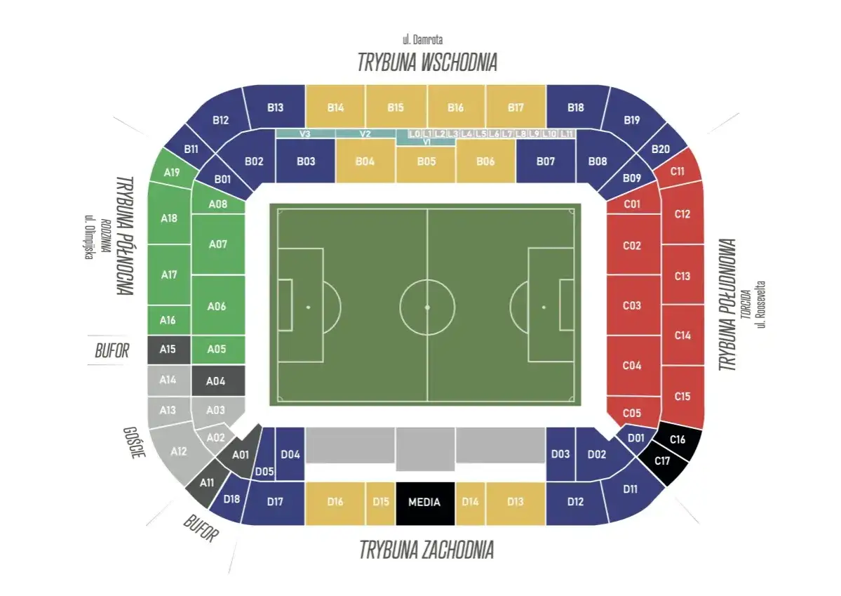 Plan stadionu Górnik Zabrze. Widok z lotu ptaka na trybuny, boisko i sektory. Określa pojemność stadionu.