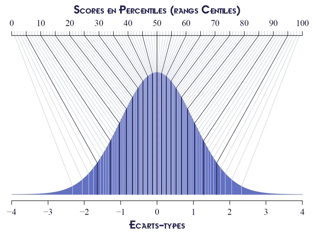 Graphique montrant la distribution normale des scores, avec une échelle de percentiles et d'écarts-types, utile pour interpréter une échelle QI adulte.