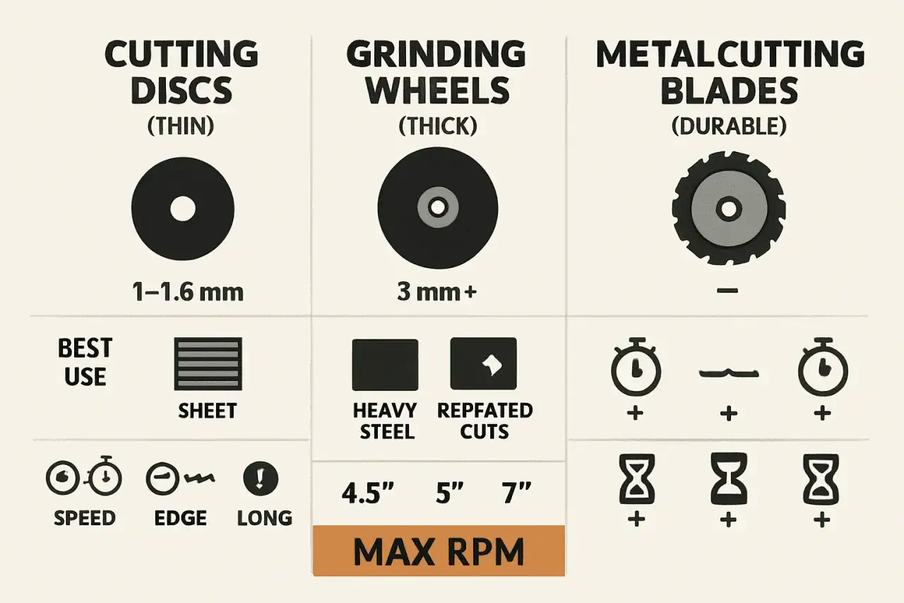 Comparaison de différents types de disques pour meuleuse : disques fins pour tôles, meules épaisses pour acier lourd, et lames durables pour coupes répétées.
