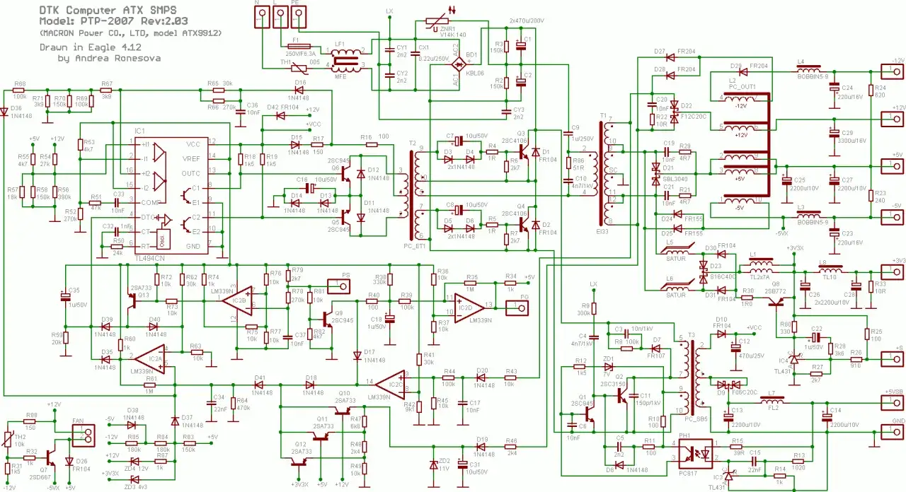 Diagrama de un circuito electr&oacute;nico, que es la fuente de alimentaci&oacute;n de un ordenador, con componentes como transistores, resistencias y condensadores.