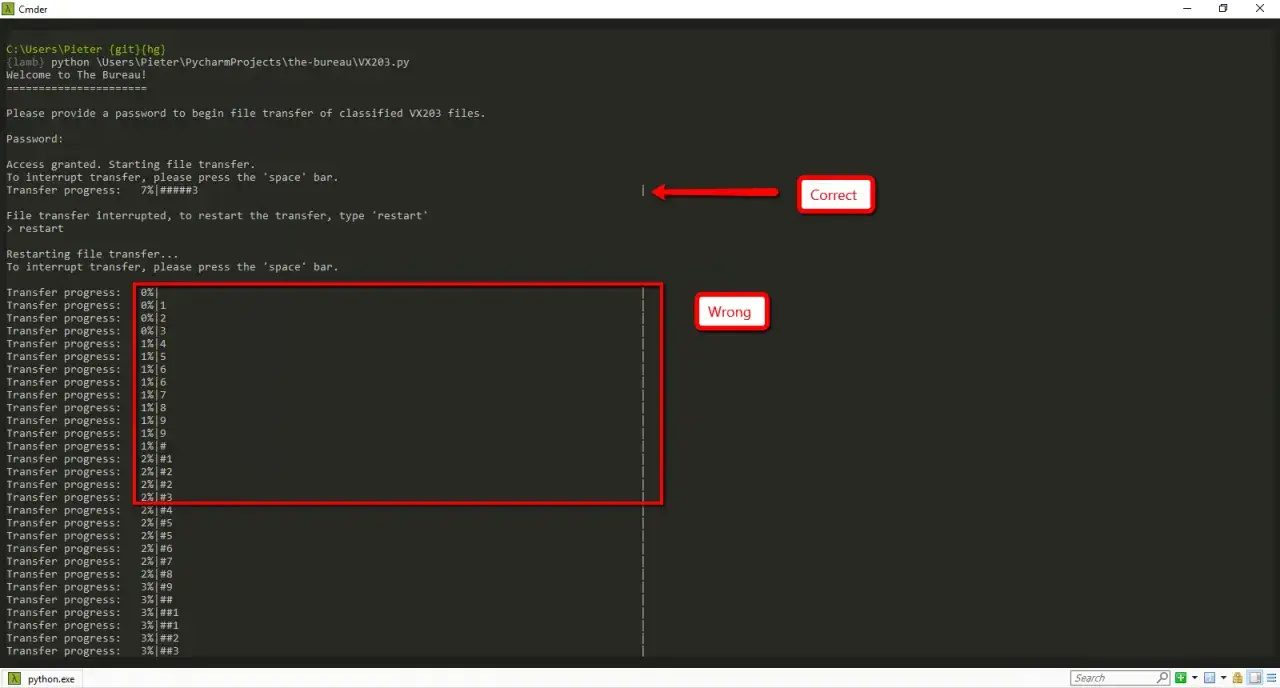 Python-Code-Beispiel: **python print ohne zeilenumbruch** zeigt Fortschrittsanzeige bei Datei&uuml;bertragung. Korrekt und falsch markiert.