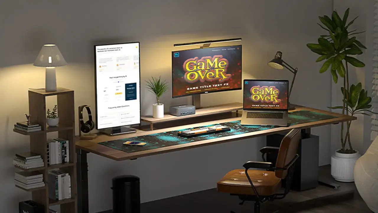 Stolik z dwoma monitorami, laptopem i akcesoriami gamingowymi. Dowiedz się, jak podłączyć dwa monitory do laptopa, by stworzyć idealne stanowisko pracy.