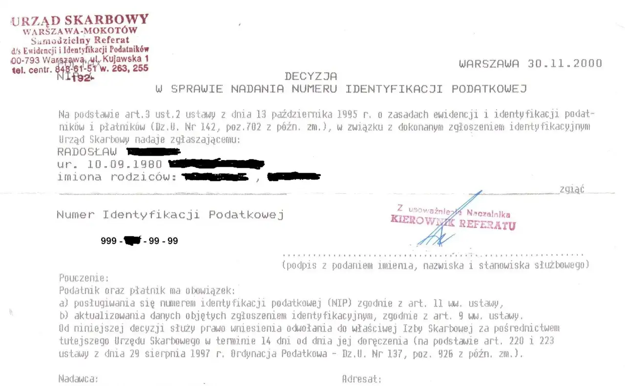 Decyzja Urzędu Skarbowego o nadaniu numeru identyfikacji podatkowej (NIP) dla Radosława.