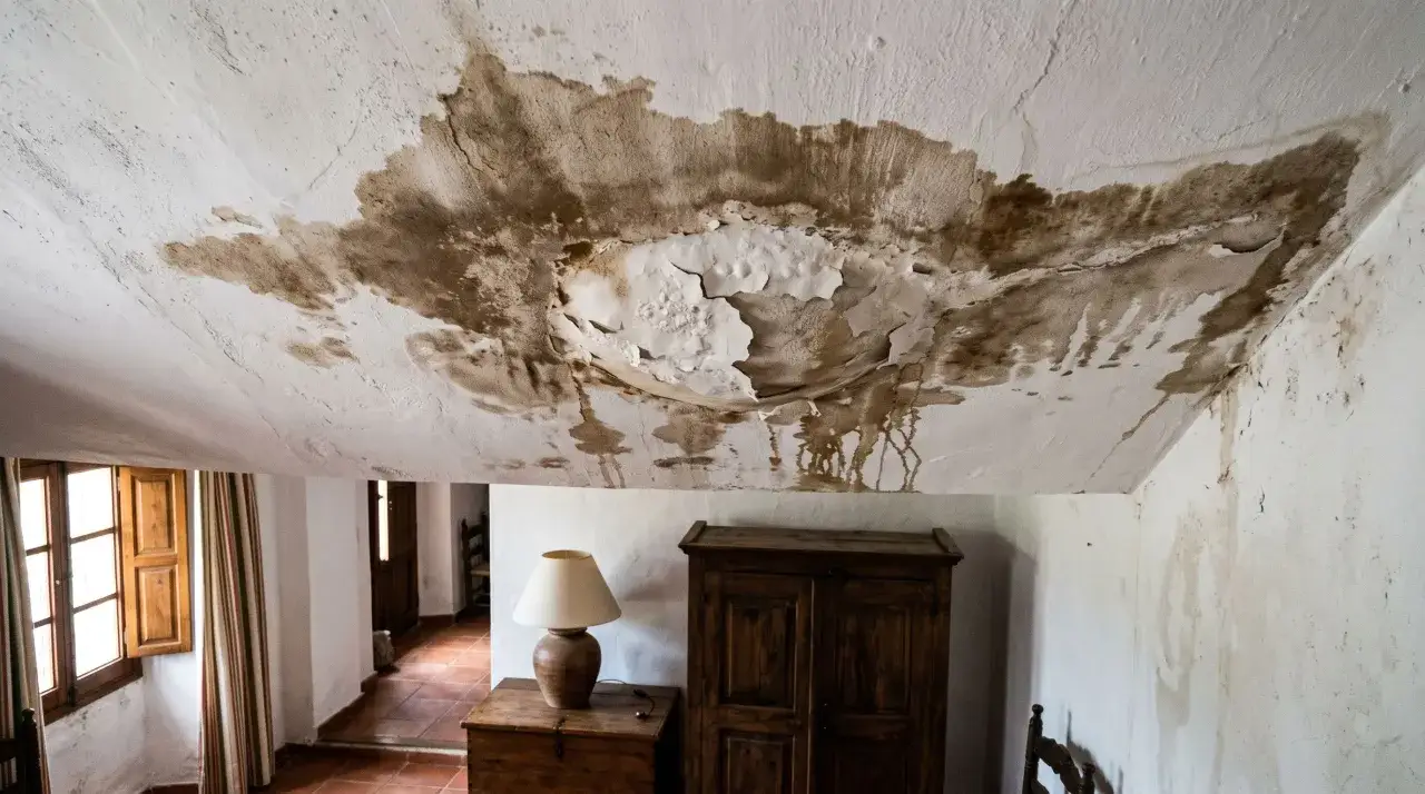 Techo con gran mancha de humedad y pintura desprendida, como una pared bufada. Muebles de madera y ventana con contraventanas.