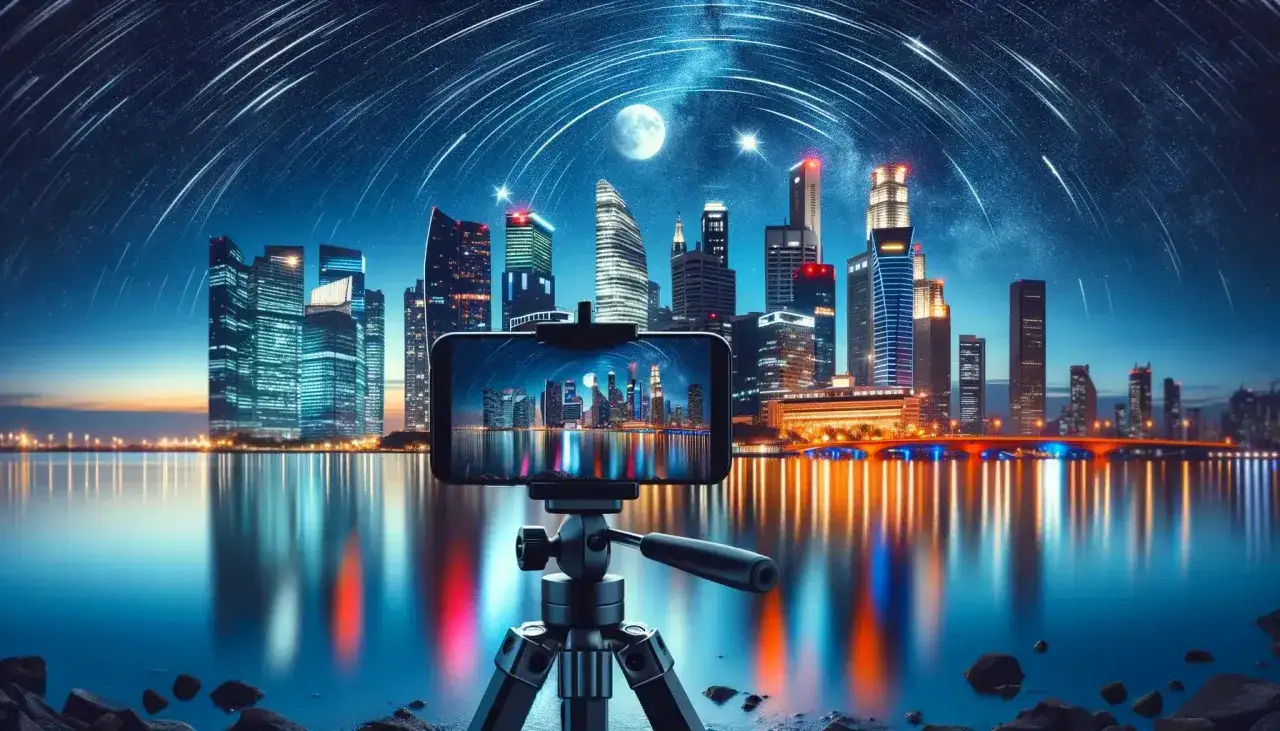 Niesamowita fotografia nocna miasta z odbiciami świateł w wodzie. Telefon na statywie uwiecznia ten widok.