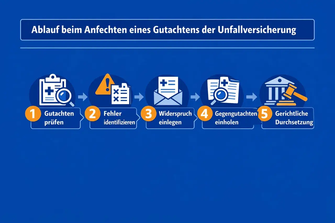 Schritte zur Anfechtung eines Unfallversicherungs-Gutachtens: prüfen, Fehler identifizieren, Widerspruch einlegen, Gegengutachten einholen, gerichtliche Durchsetzung. Nützliche Tipps für Ihr Gutachten.