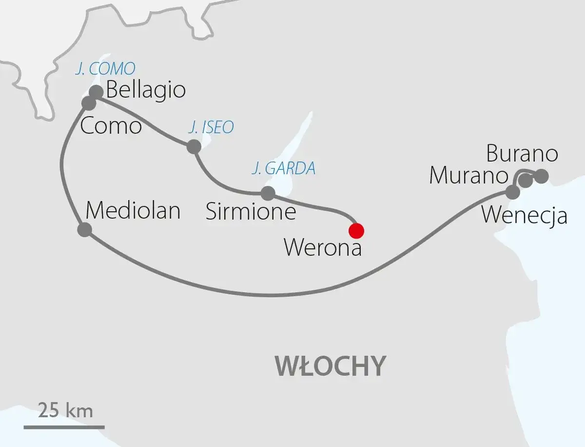 Trasa podróży przez Włochy: Mediolan, Sirmione nad jeziorem Garda, Werona, a dalej do Wenecji.