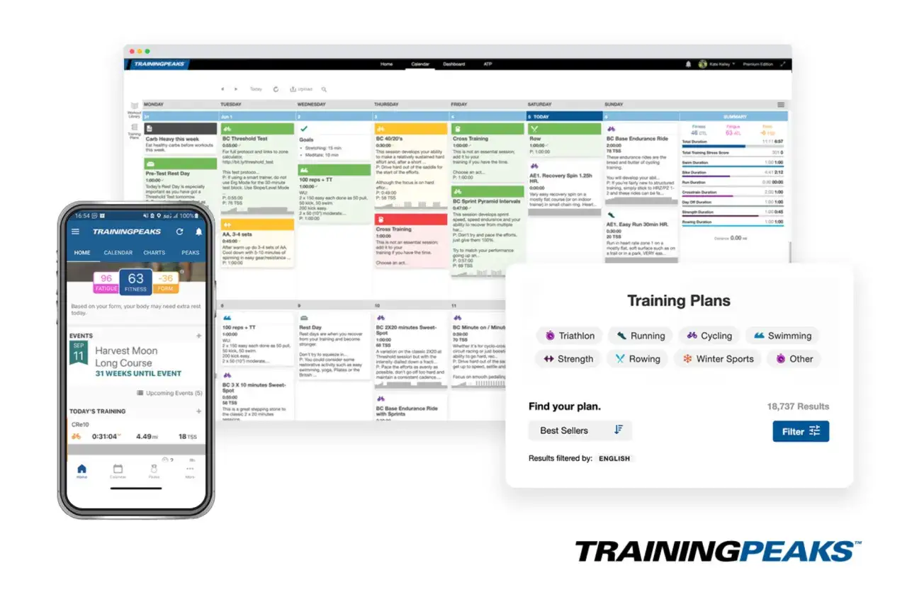 Aplikacja do trenażera TrainingPeaks pokazuje kalendarz treningowy z planami na każdy dzień, w tym jazdę na rowerze i bieganie.