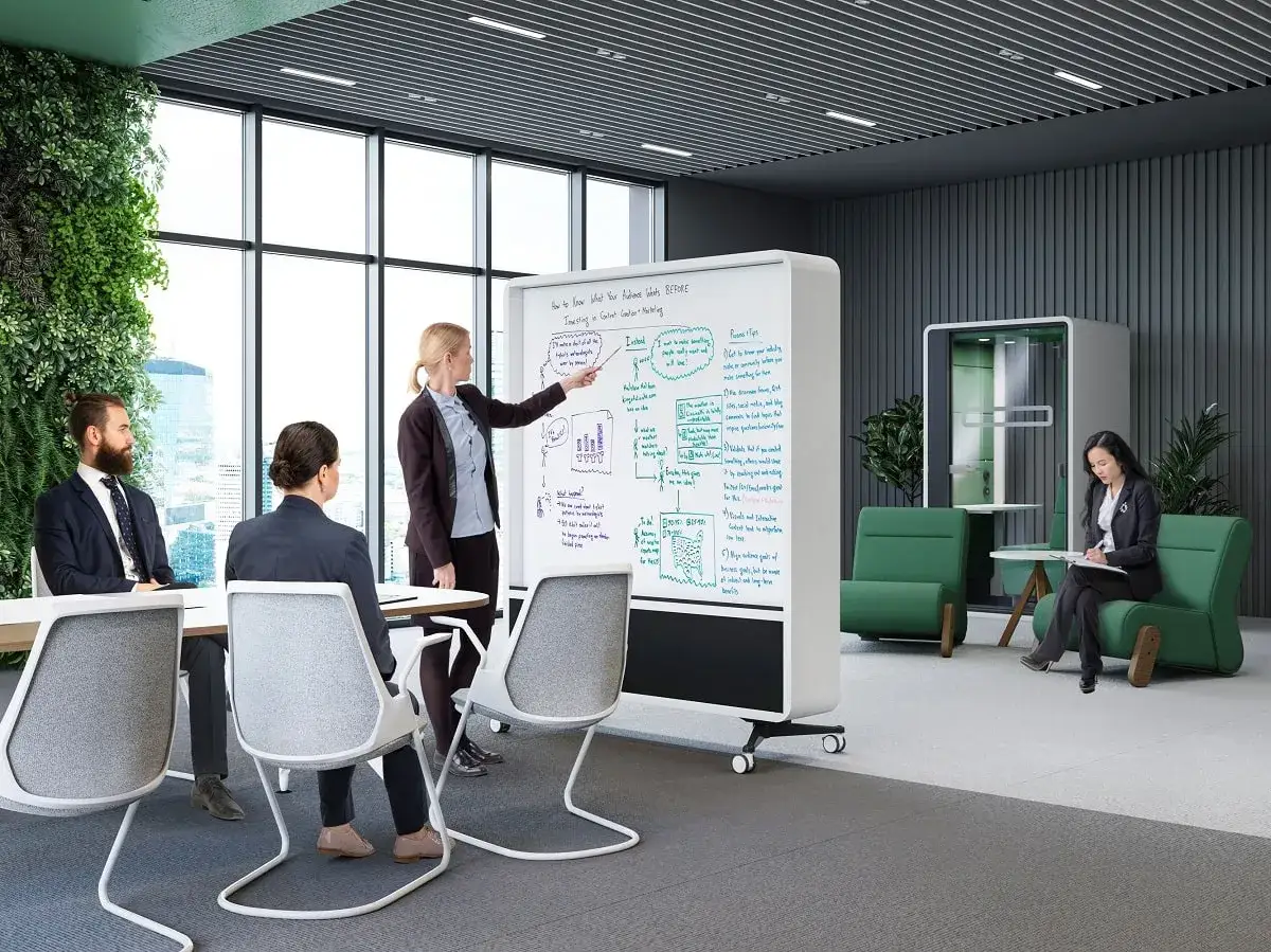 Un bureau moderne avec mobilier flex office : une &eacute;quipe discute devant un tableau blanc, tandis qu'une autre travaille dans un espace lounge.