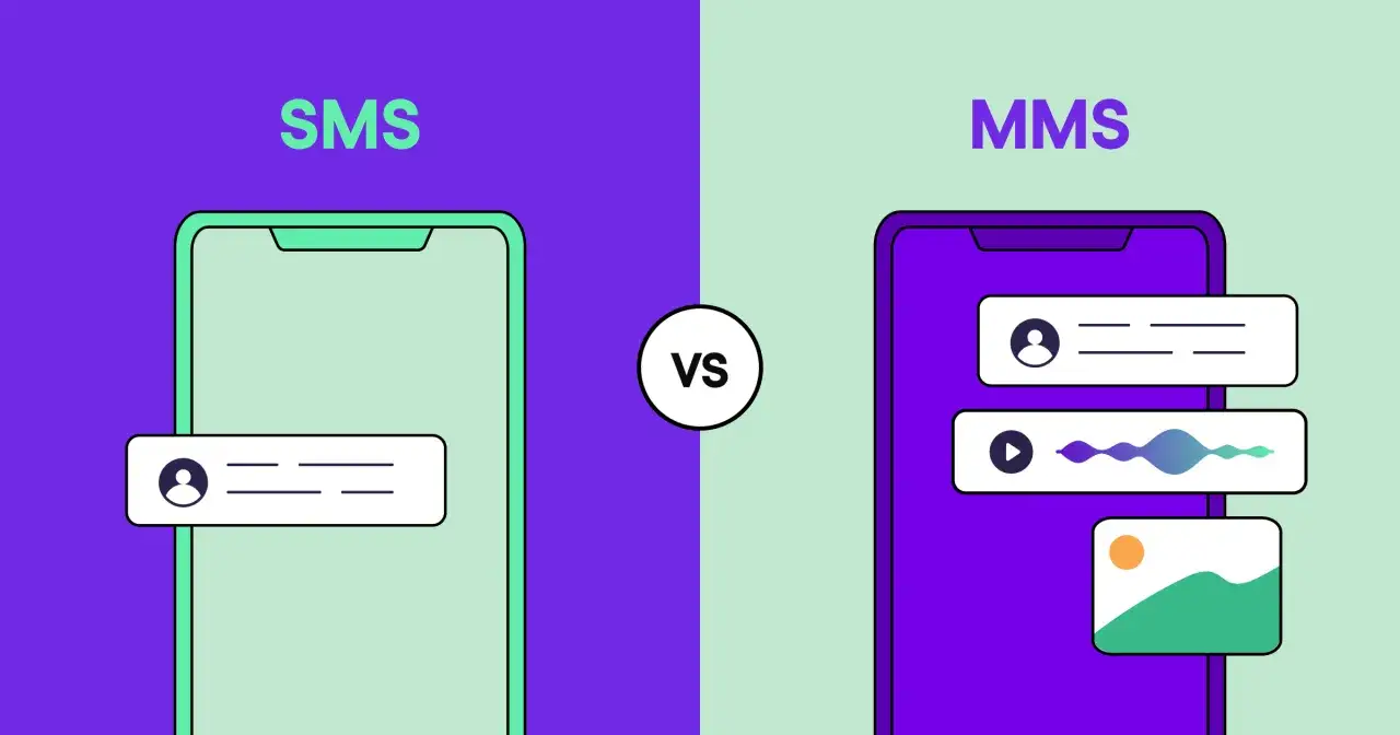 Vergleich von SMS und MMS: SMS zeigt nur Textnachrichten, MMS erlaubt zus&auml;tzlich Bilder und Audio. Die MMS Bedeutung ist also vielseitiger.