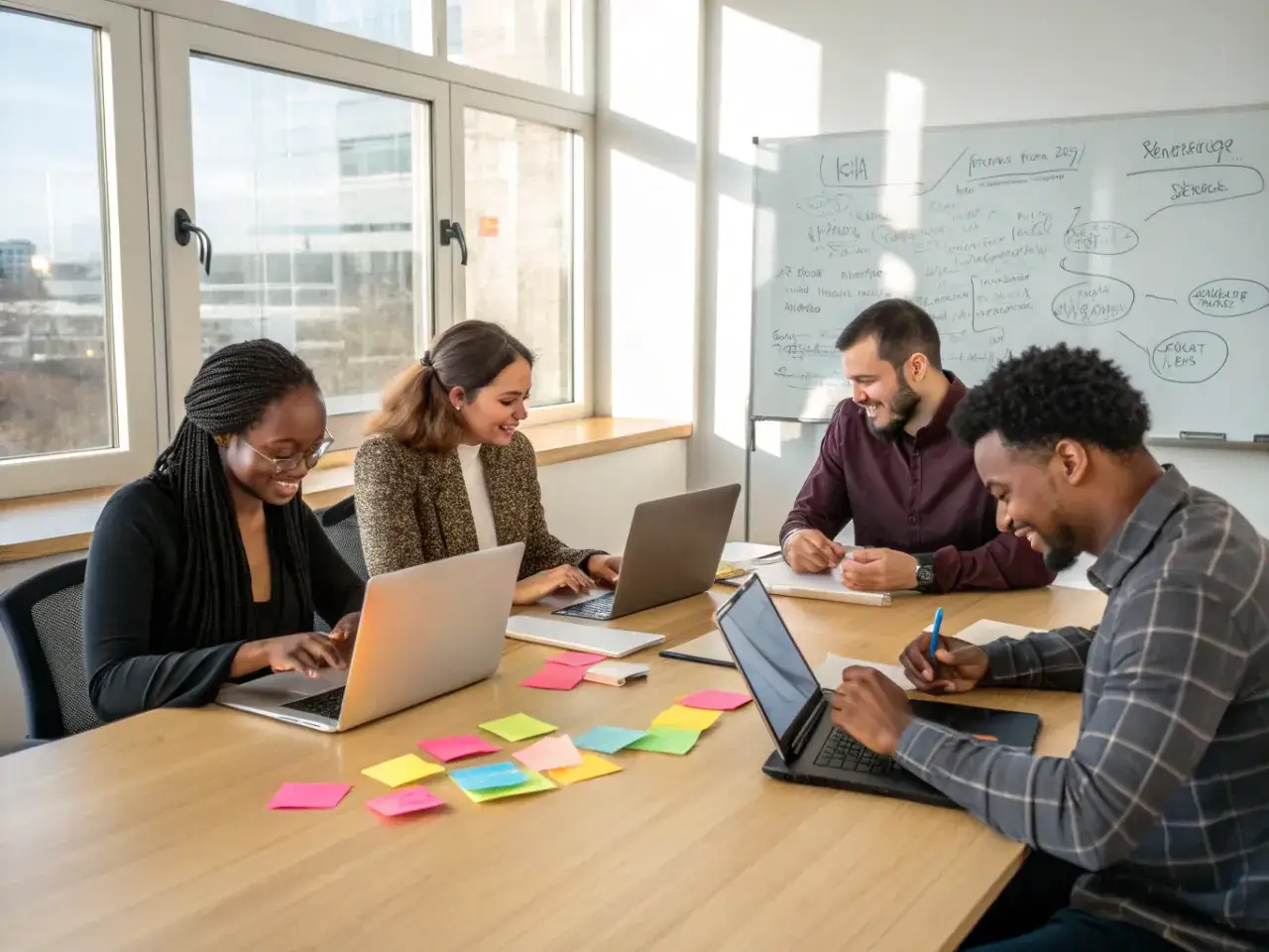 Equipo diverso en sesi&oacute;n de corporate coaching, colaborando en proyectos con laptops y notas adhesivas.