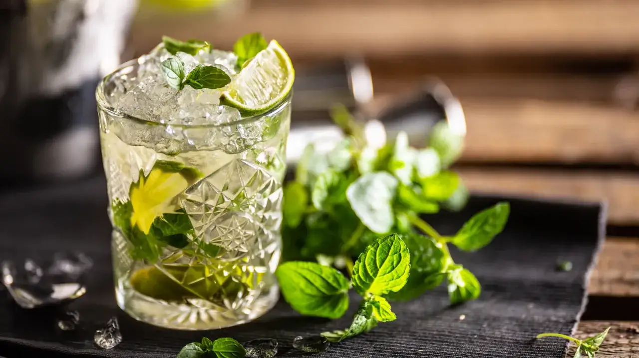 Orzeźwiający Mojito na białym rumie, z limonką i miętą, obok pęku świeżej mięty.