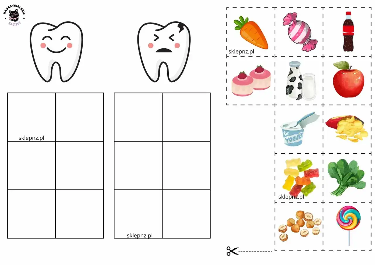 Wesoły i smutny ząbek czekają na pomoc w dniu dentysty. Obok produkty zdrowe i te mniej zdrowe dla zębów.