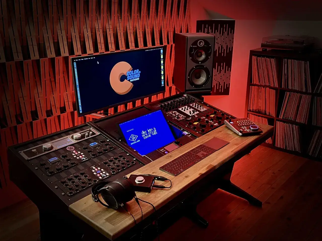 Studio d'enregistrement professionnel, pr&ecirc;t &agrave; ma&icirc;triser un son parfait avec son &eacute;quipement de pointe, ses moniteurs Focal et sa collection de vinyles.