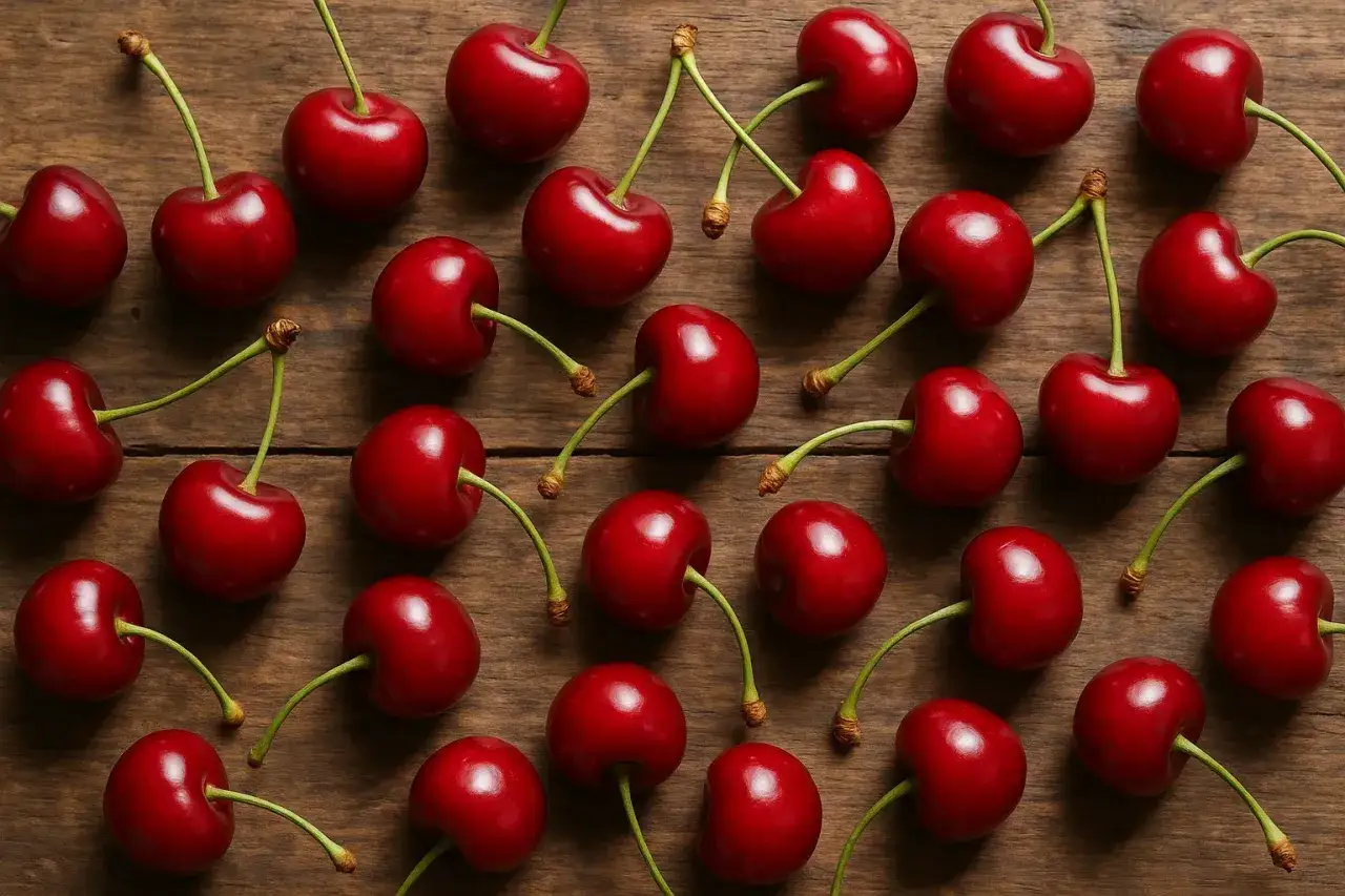 Frische Kirschen auf Holz. Wer sich fragt, wie viele Kalorien haben Kirschen, findet hier eine gesunde Nascherei.