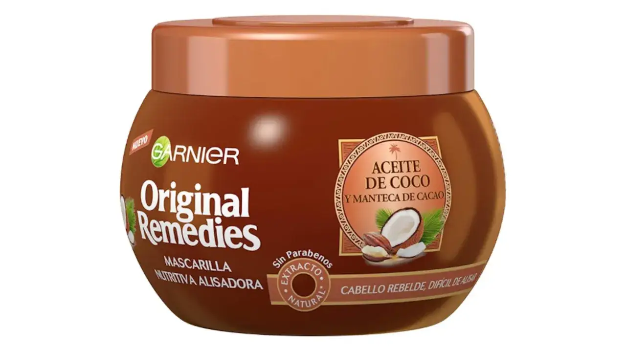 Mascarilla Garnier Original Remedies con aceite de coco y manteca de cacao, ideal para cabello rebelde. ¡El aceite de coco es bueno para el pelo!