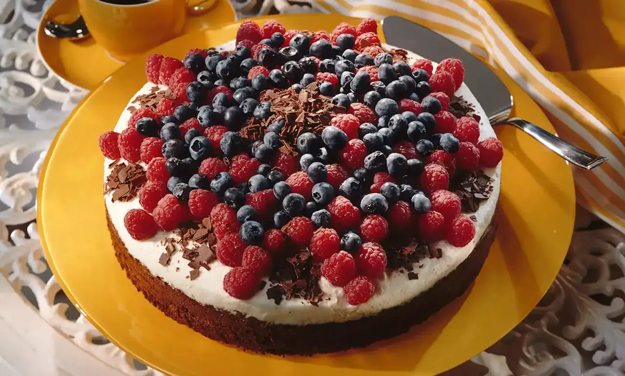 Ein köstlicher Geburtstagskuchen mit Beeren und Schokostreuseln, perfekt für jedes Geburtstagskuchen Rezept.
