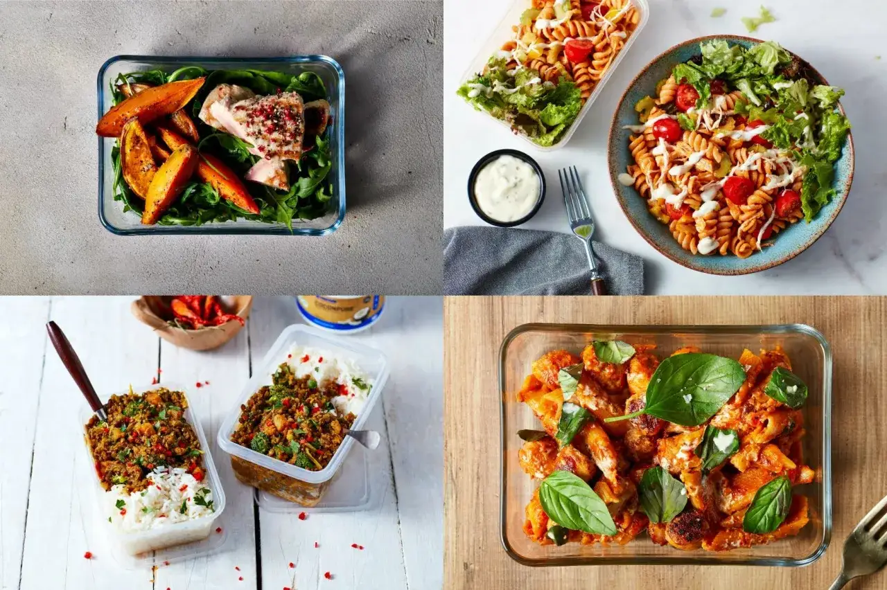 Fyra olika matlådor med varierande innehåll. En med lax och sötpotatis, en med pastasallad, en med köttfärs och ris, samt en med kyckling i tomatsås. Perfekt för att deffa mat!