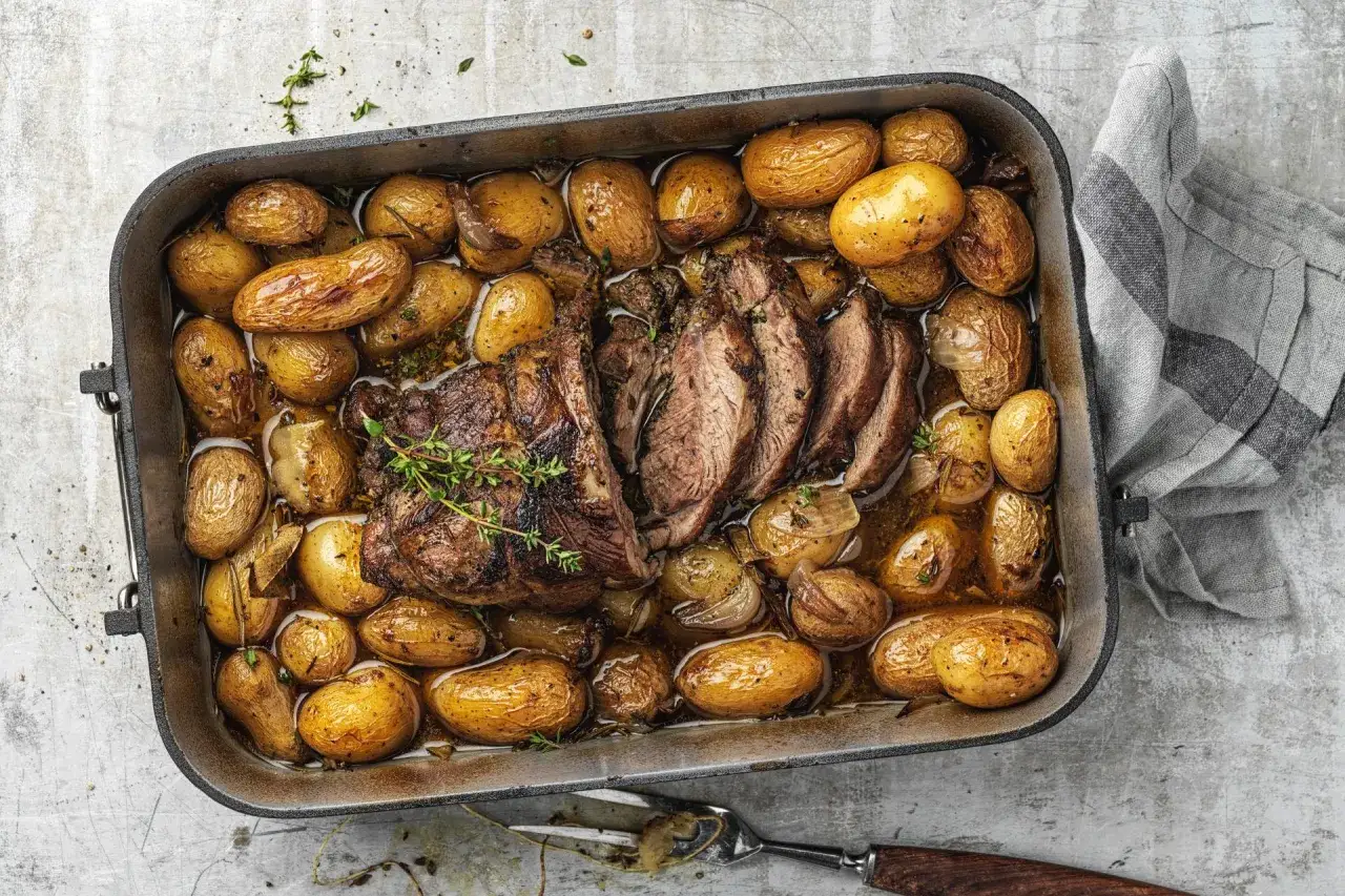 Gigot d'agneau r&ocirc;ti avec pommes de terre au four, parfum&eacute; au thym, dans un plat en fonte. Un d&eacute;lice &agrave; partager.