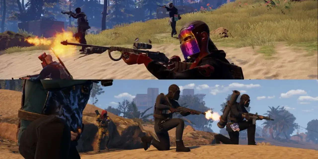 Gracze w grze Rust, w tym z **rust crossplay**, prowadzą ostrą wymianę ognia na pustynnym terenie.