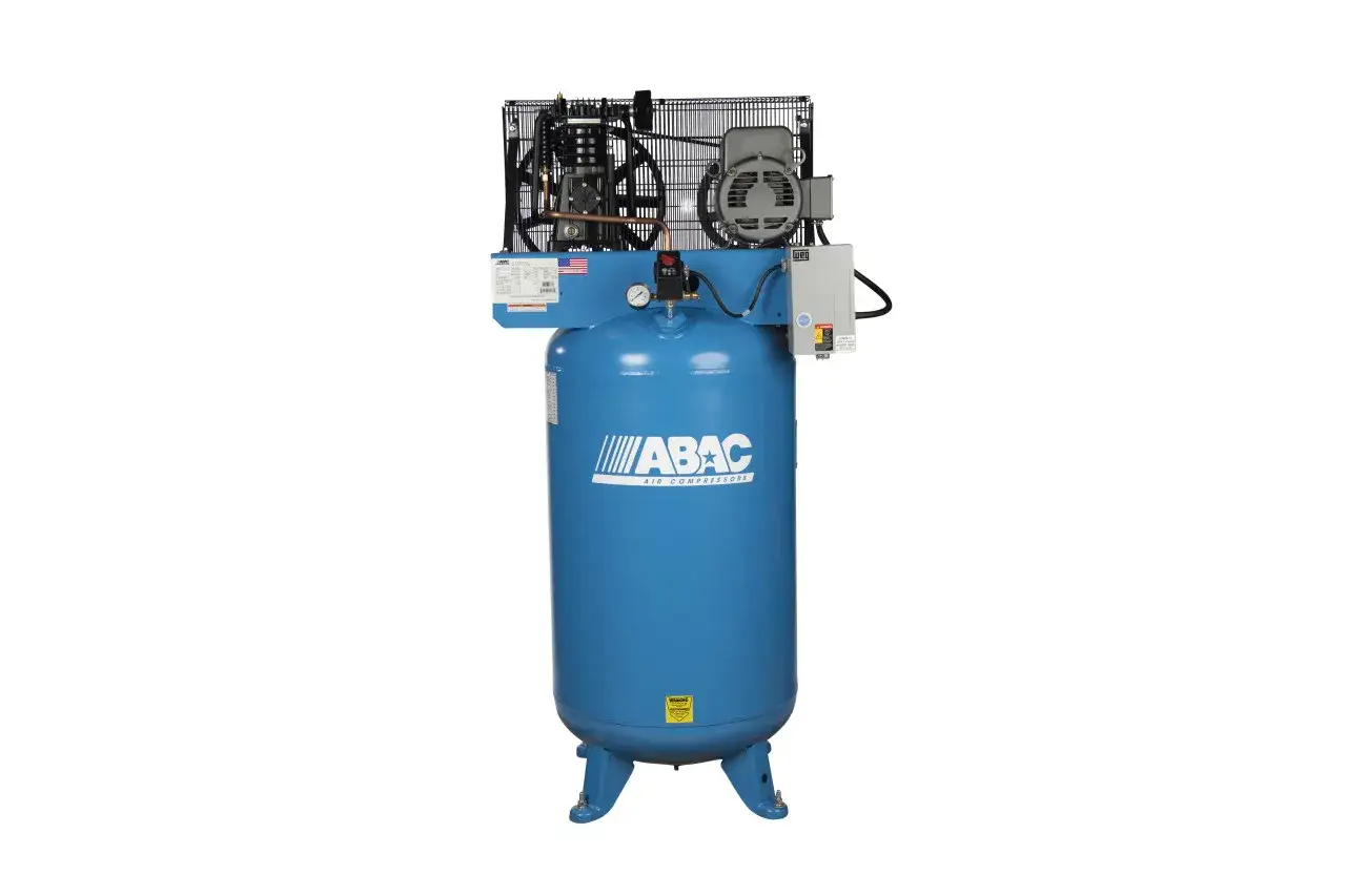 Compresor de aire azul vertical con el logo ABAC. Ideal para soluciones industriales.