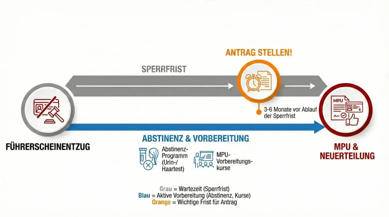 Schema zur Wiedererlangung des F&uuml;hrerscheins nach Entzug: Sperrfrist, Abstinenz & Vorbereitung, Antrag stellen, MPU & Neuerteilung. Wichtig f&uuml;r den Taxi Schein.