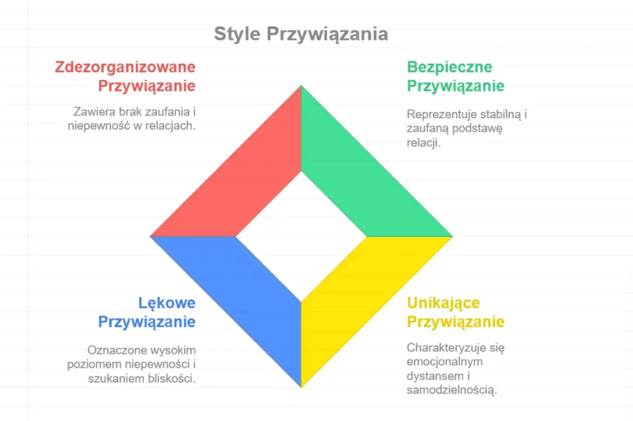 Diagram przedstawia cztery style przywiązania: bezpieczne, lękowe, unikające i zdezorganizowane. Unikające przywiązanie charakteryzuje dystans.