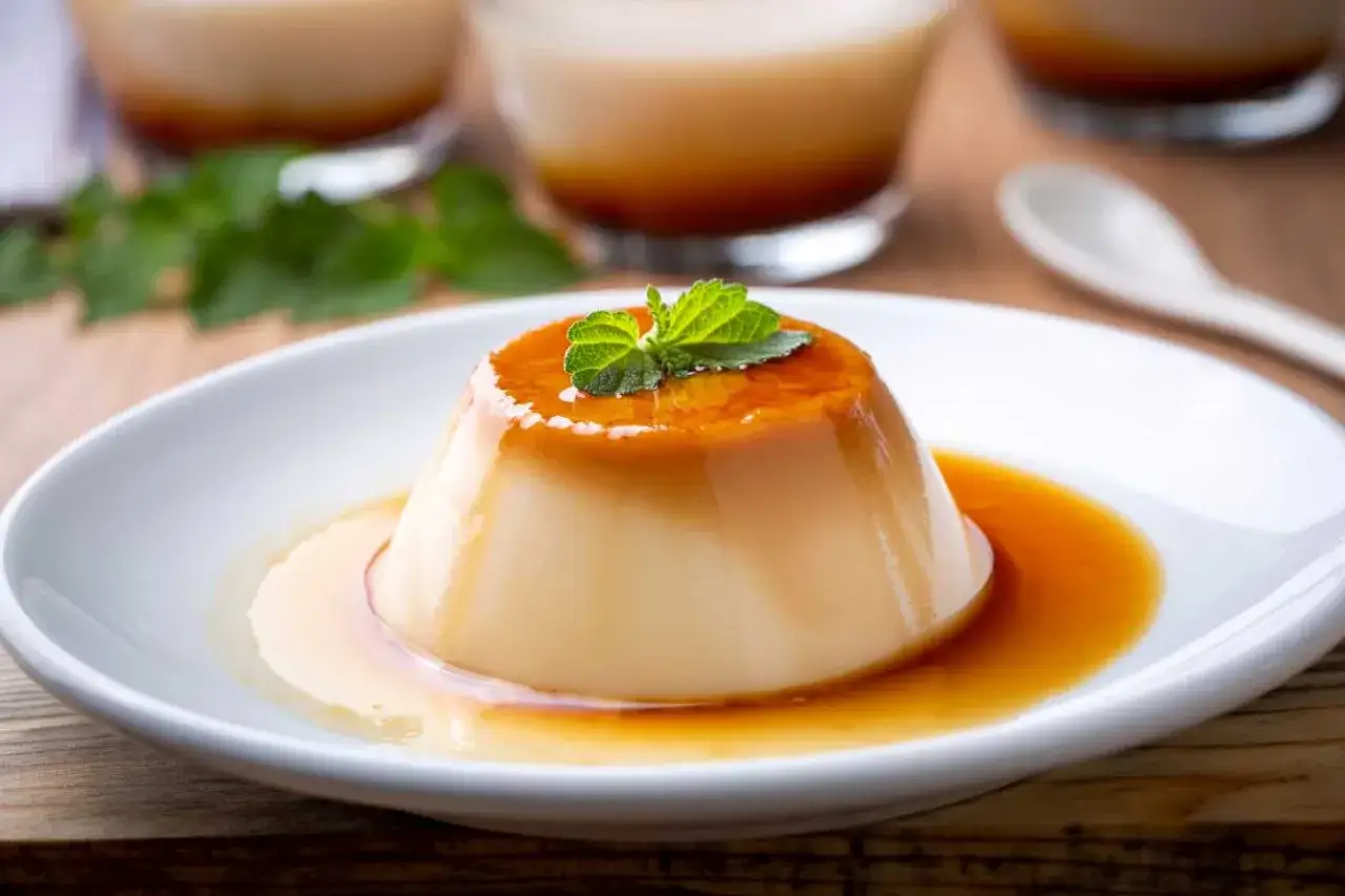 Un délicieux crème caramel, nappé de sauce ambrée et garni d'une feuille de menthe, sur une assiette blanche.