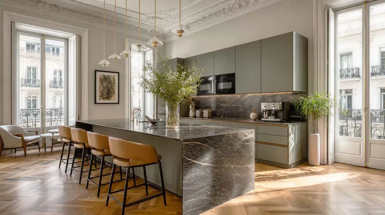 Cocina moderna con isla de m&aacute;rmol y taburetes. Un ejemplo perfecto de cuanto se revaloriza un piso reformado con estilo y acabados de lujo.