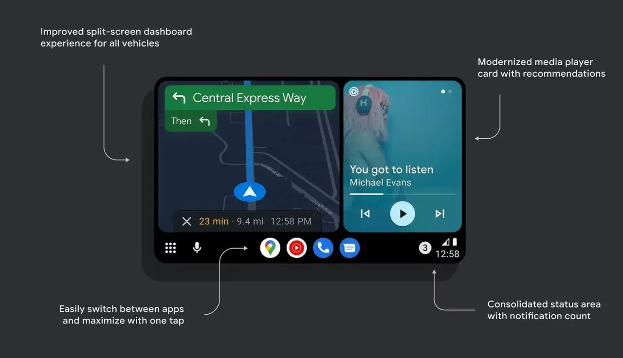 Nowoczesny interfejs Android Auto z nawigacją i odtwarzaczem muzyki. Yanosik na Android Auto to świetne rozwiązanie dla kierowców.