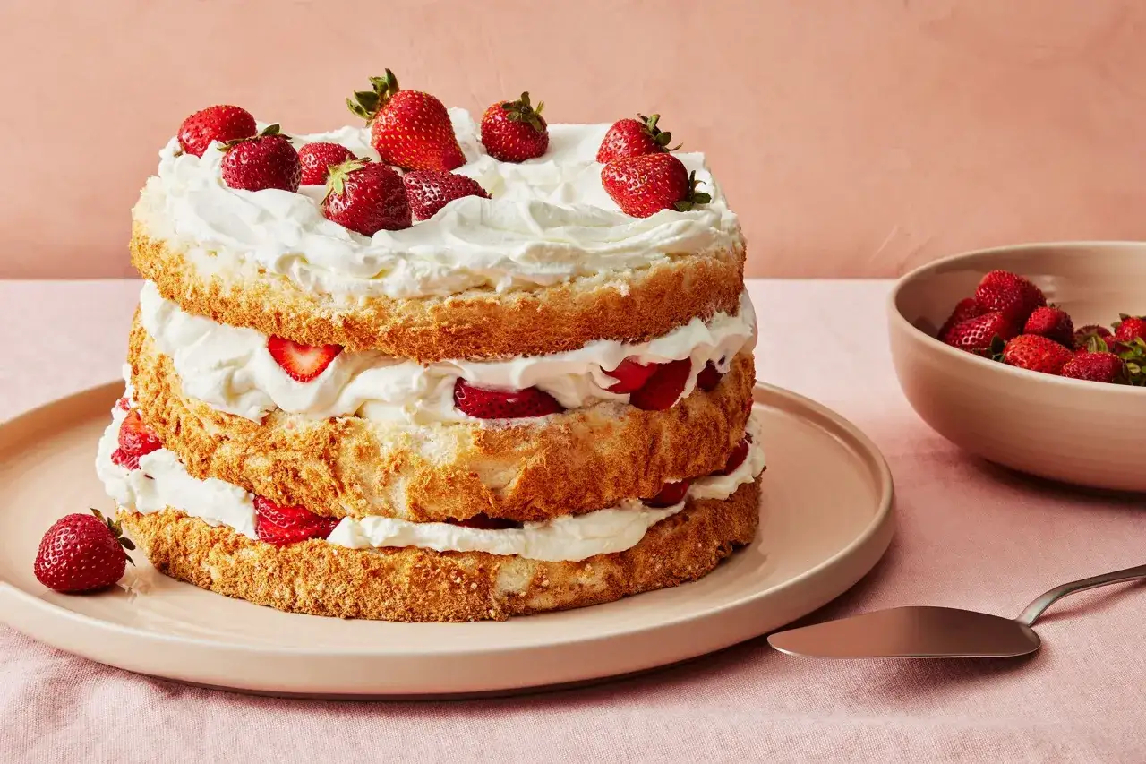G&acirc;teau &agrave; &eacute;tages a&eacute;rien, garni de fraises fra&icirc;ches et d'une g&eacute;n&eacute;reuse cr&egrave;me pour g&acirc;teau. Un d&eacute;lice estival !